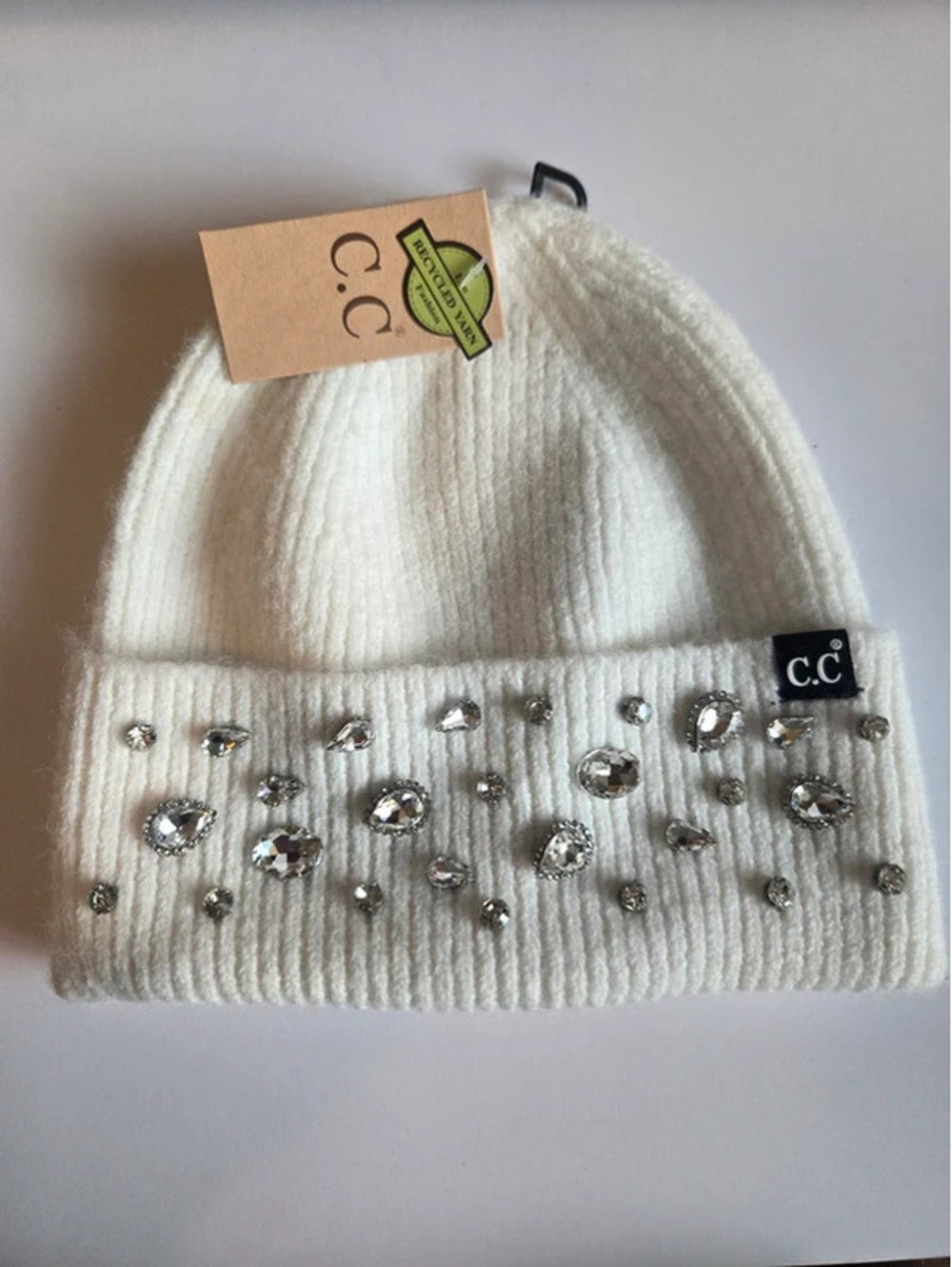 C.C White Rhinestone Jeweled Knit Beanie – NWT